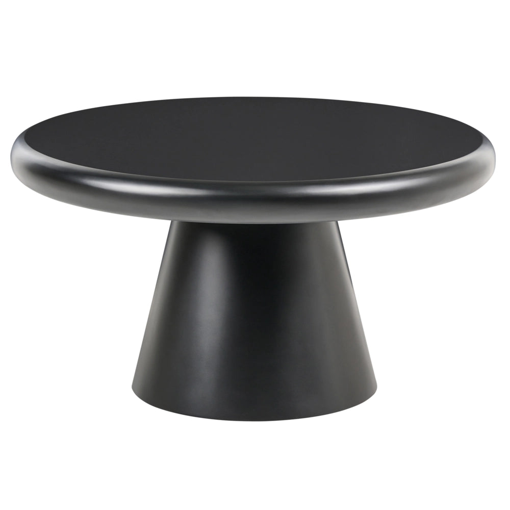 Tavolino da Caffè Rotondo Nero in MDF con Piano da 80 cm, Base a Colonna dal Design Scultoreo Stile Organico