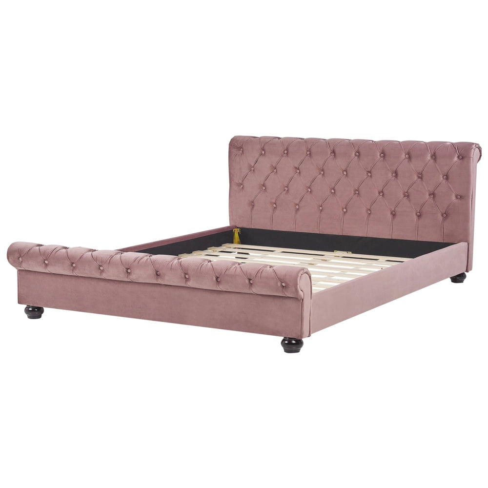 Letto rivestimento in velluto rosa Gambe in legno Nero 180 x 200 cm abbottonato Glam