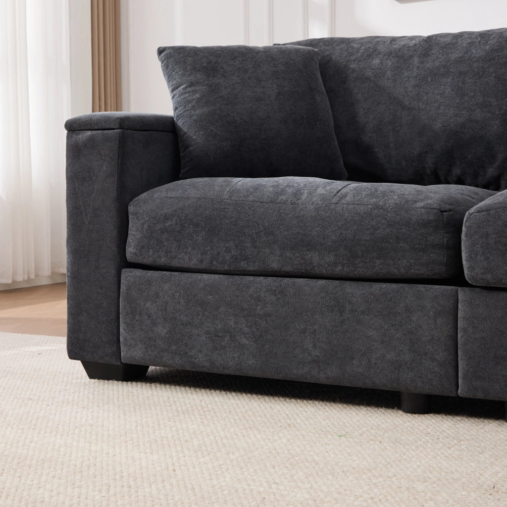 Divano 2 posti con contenitore nei braccioli e tasche laterali in chenille grigio scuro