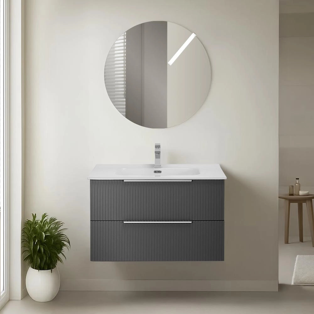 Mobile bagno sospeso 100 cm bicolore grigio cannettato e nero con lavabo e specchio Zena
