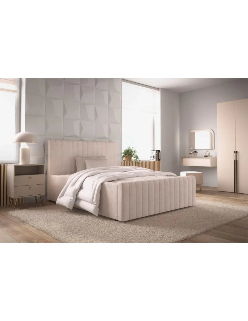 Letto matrimoniale ELORIA 160x200 in tessuto bouclé beige con testiera capitonnata e rete inclusa