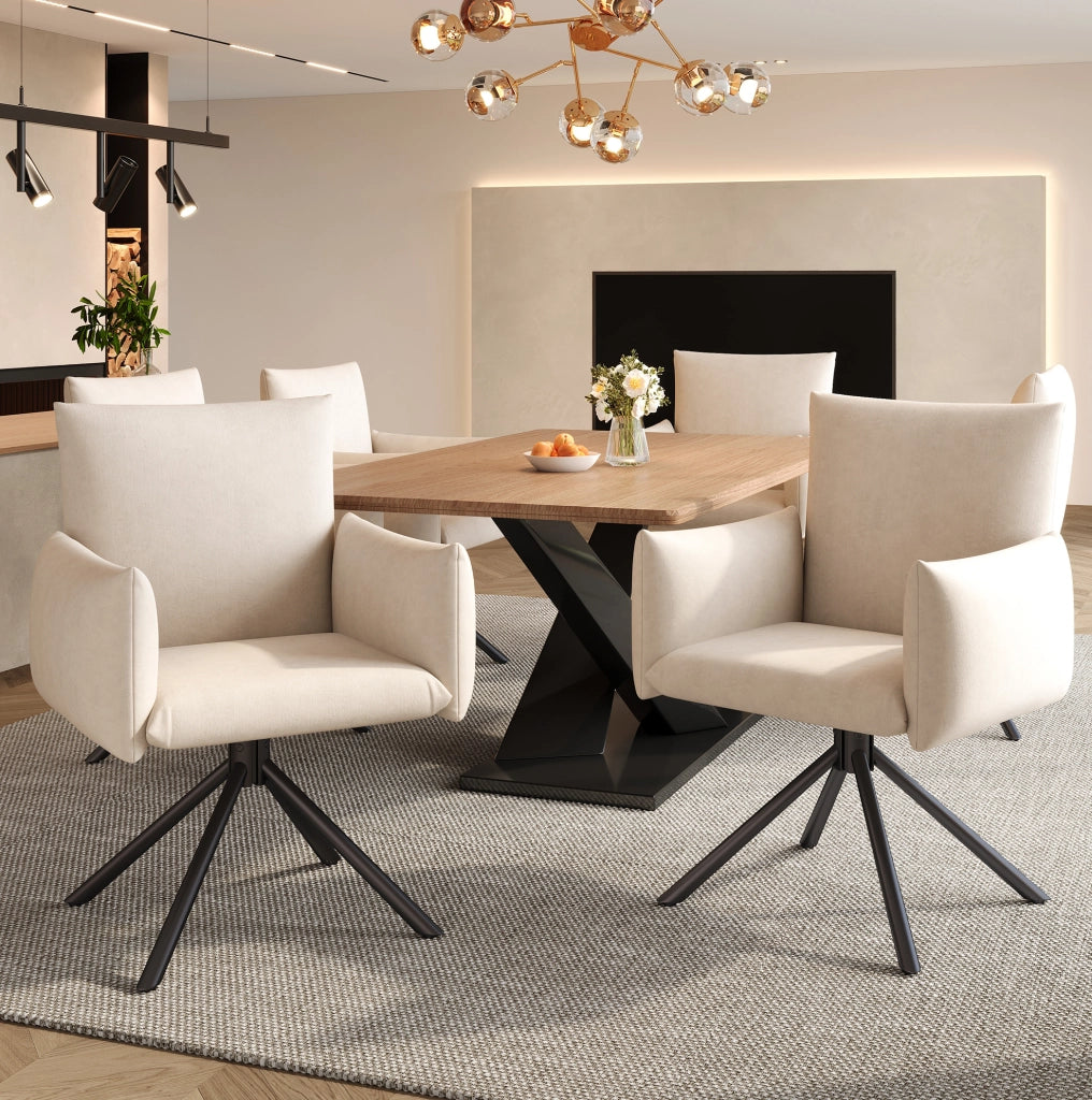 Set di 4 sedie girevoli con schienale ergonomico in velluto beige