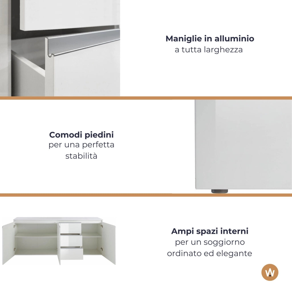 WHOUS Credenza a cassettiera Magic 3 ante e 3 cassetti bianco lucido 200x40x85 cm