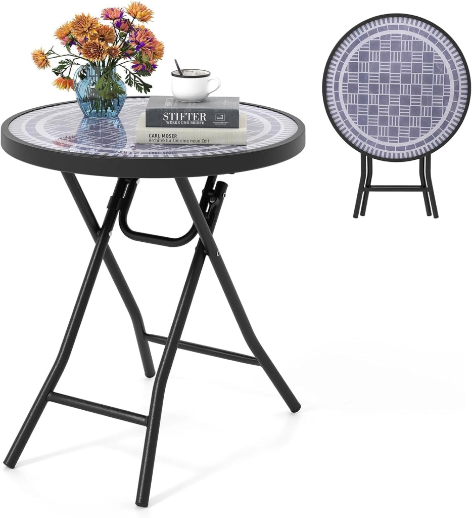 Tavolino da Giardino Pieghevole da 46 cm, Tavolino Rotondo Compatto da Patio, con Piano in Vetro Temperato e Struttura in Metallo, Tavolino Laterale Portata 50 kg (Grigio)
