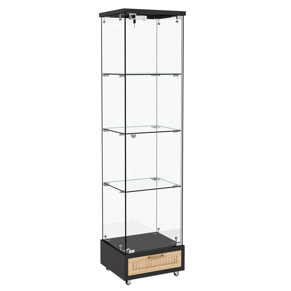 Libreria Vetrina con Cassetti e LED ¨C MINIMAL ¨C Nero, Vetro Temperato, 1 Anta, 167x42.5x36.5 cm