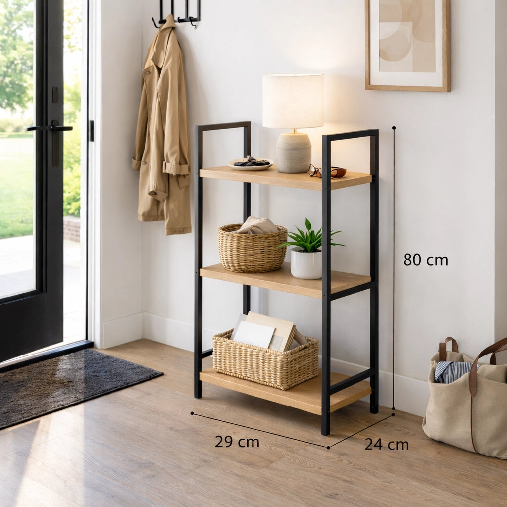Mobile Scaffale Industrial 3 Ripiani Metallo Nero Legno Mdf Rovere 29x24 H80cm