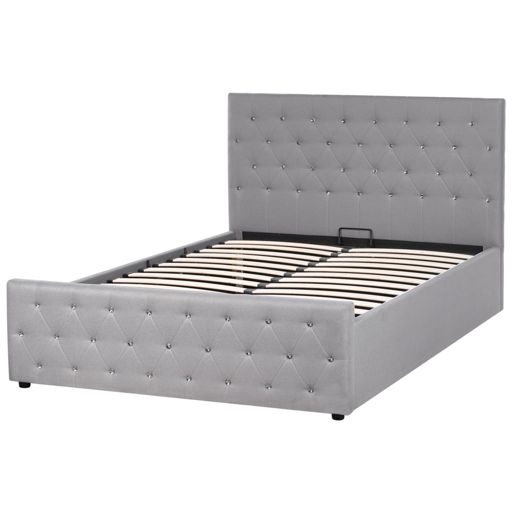Letto matrimoniale imbottito in poliestere grigio chiaro con testata imbottita con pouf 140 x 200 cm testiera doppia trapuntata
