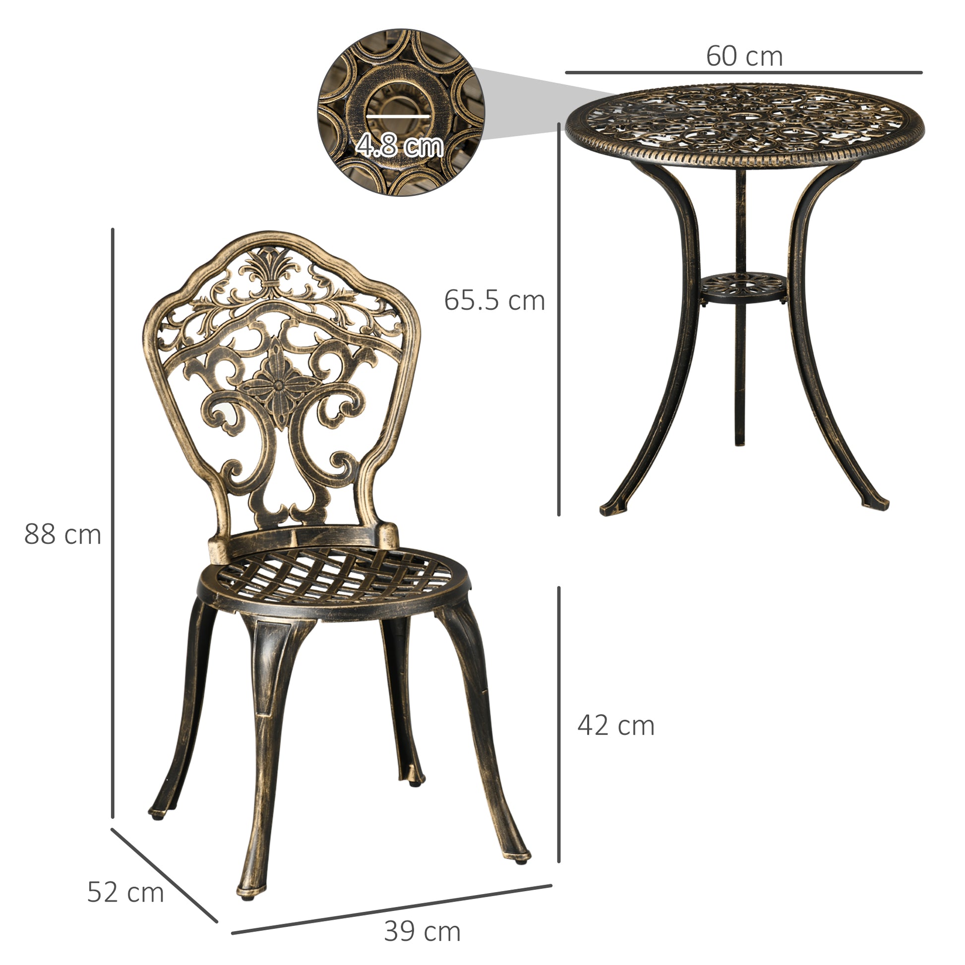 Set 3 Pezzi da Esterno con 2 Sedie da Giardino e Tavolino Rotondo con Foro per Ombrellone in Alluminio Bronzo