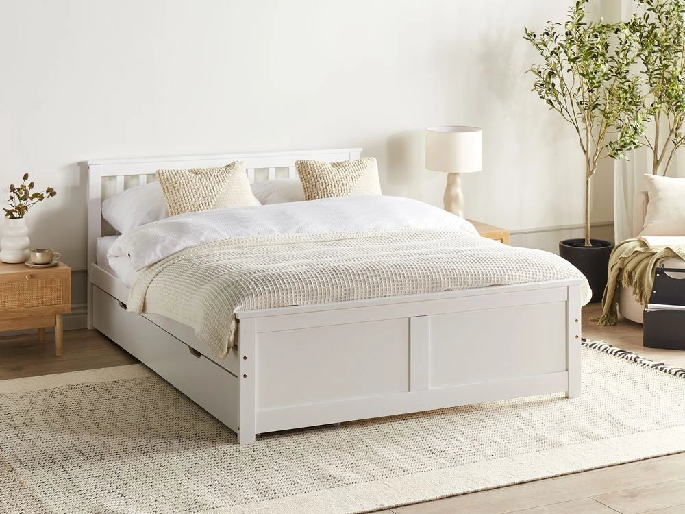 Letto matrimoniale Legno di Pino bianco con Rete a Doghe con 4 cassetti 140 x 200 cm Testiera a doghe minimalista