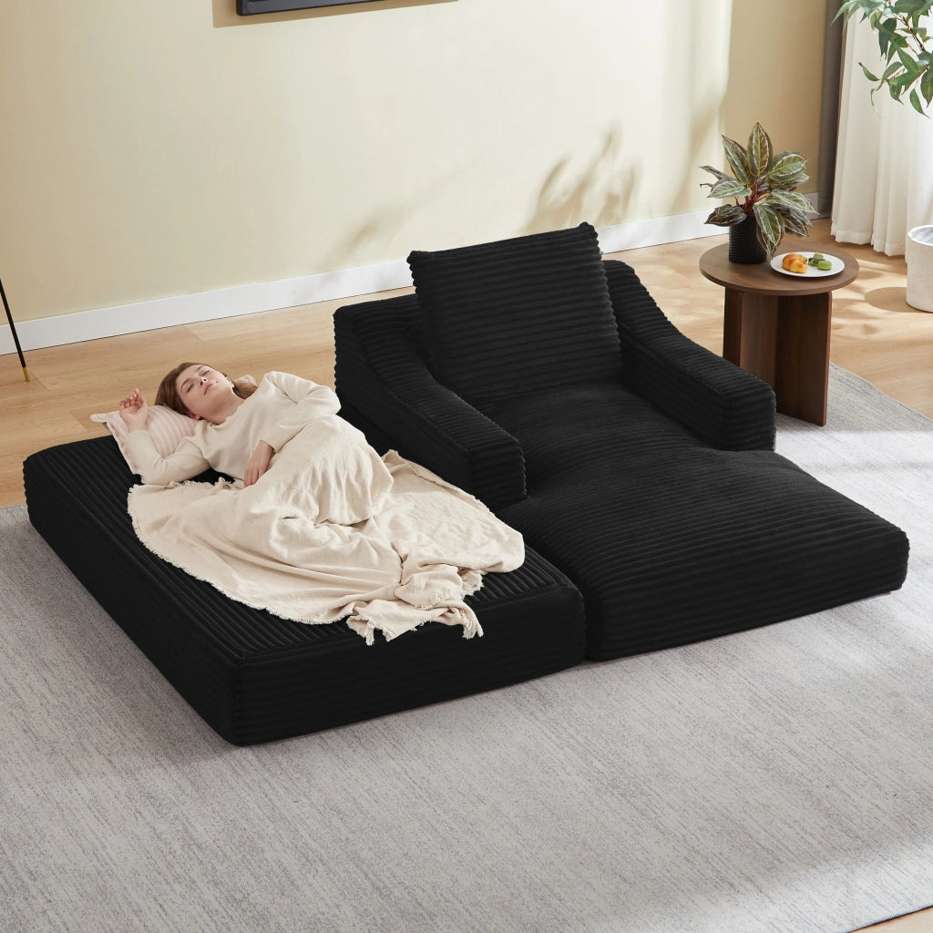 Poltrona reclinabile, poltrona con braccioli, divanetto singolo, velluto a coste, funzione letto, con cuscini, nero