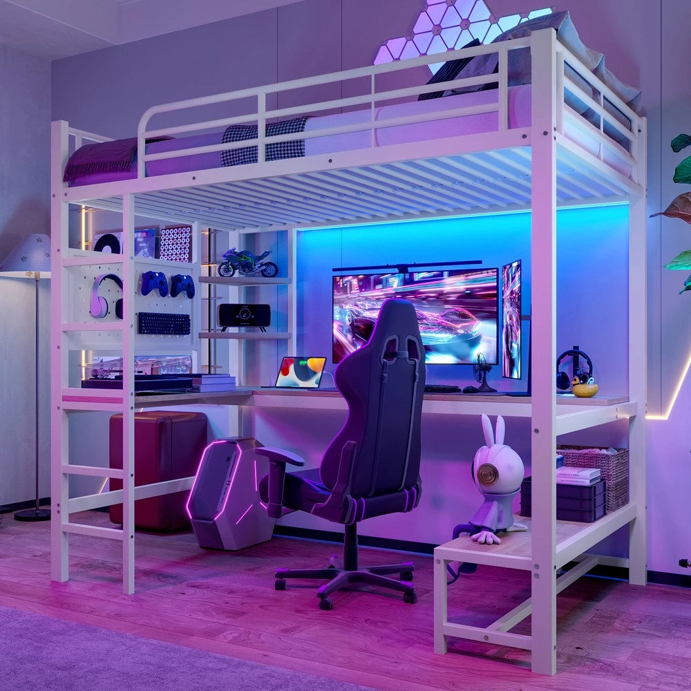Letto a Soppalco con Scrivania e LED ¨C MINIMAL ¨C Bianco, 90x200, Metallo