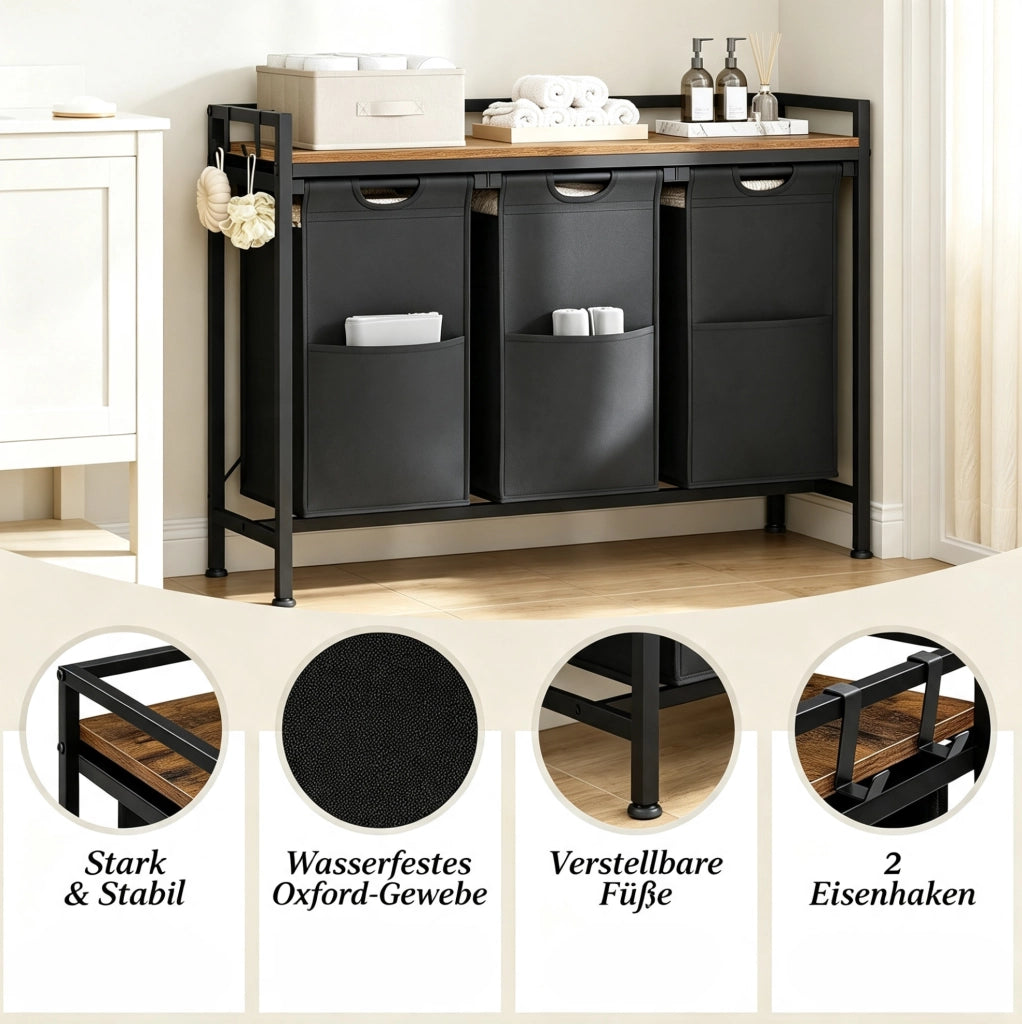 Portabiancheria a 3 scomparti con ripiano e 2 ganci; 96 x 30 x 71 cm; nero e marrone rustico