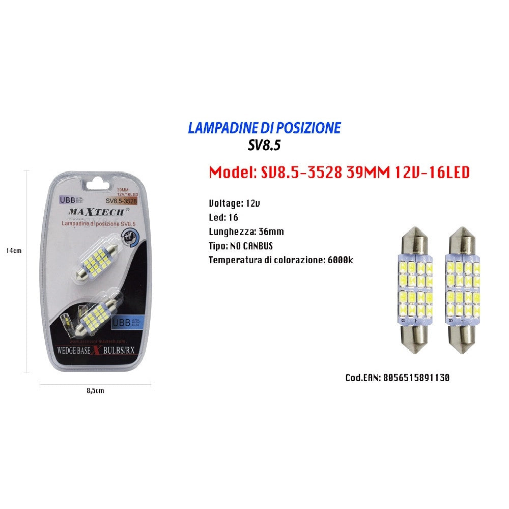 Trade Shop - Lampadine Di Posizione 12v 16led 39mm Lampadine Ultra Luminose Maxtech Sv8.5-3528 -