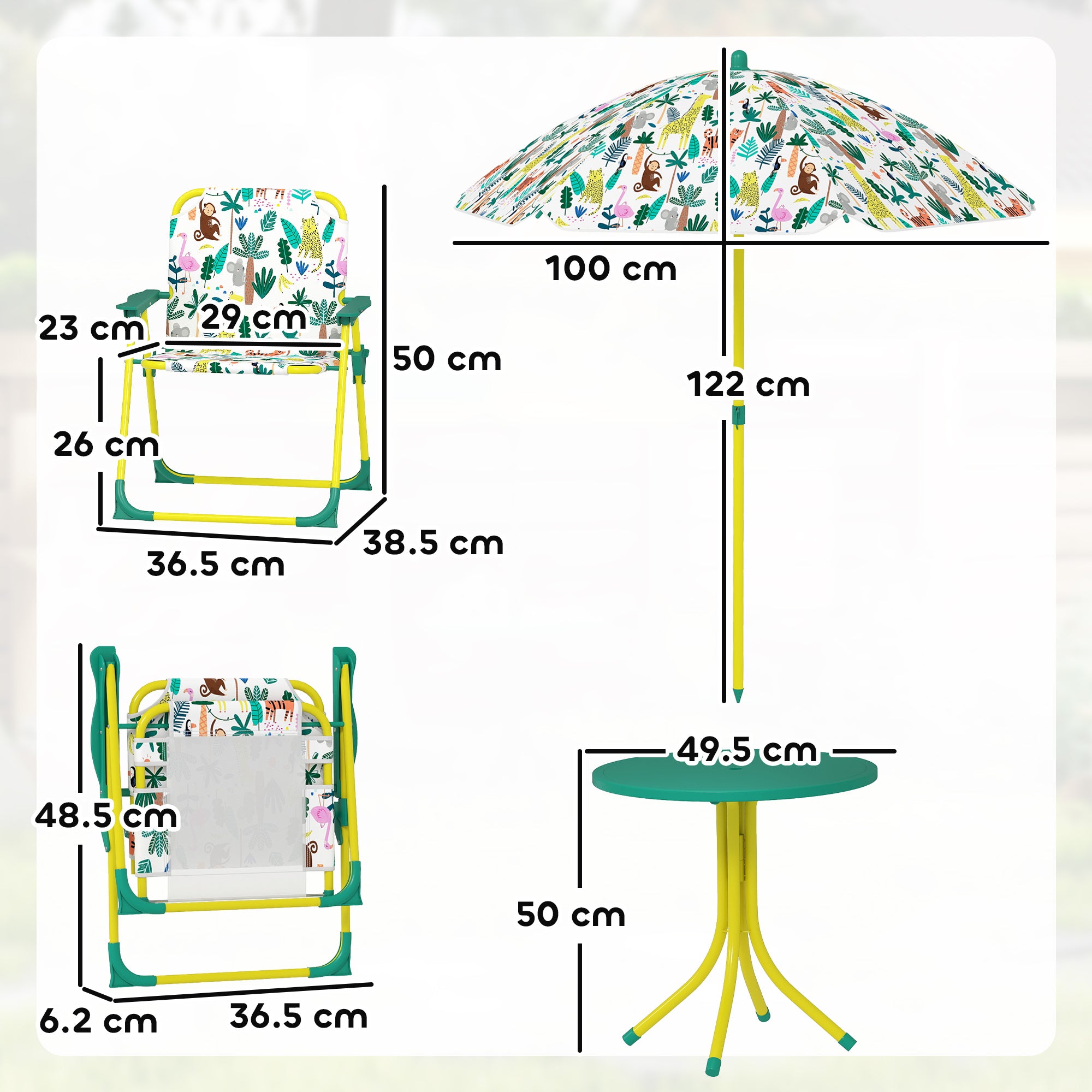 Set Tavolo e Sedie per Bambini con Ombrellone per Esterno in Acciaio Verde