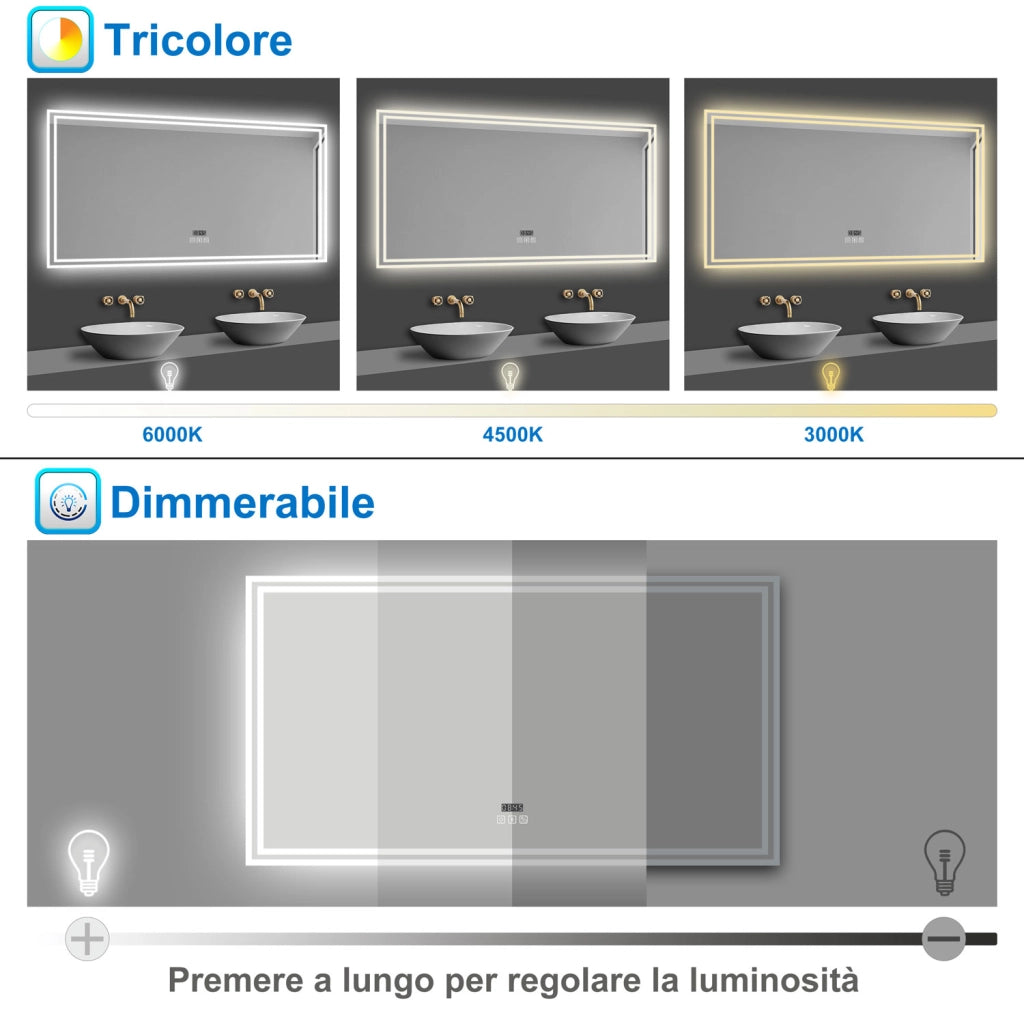 Specchio da bagno Aica LED 140 x 80 cm + Orologio + Bluetooth + luminosità regolabile tricolore