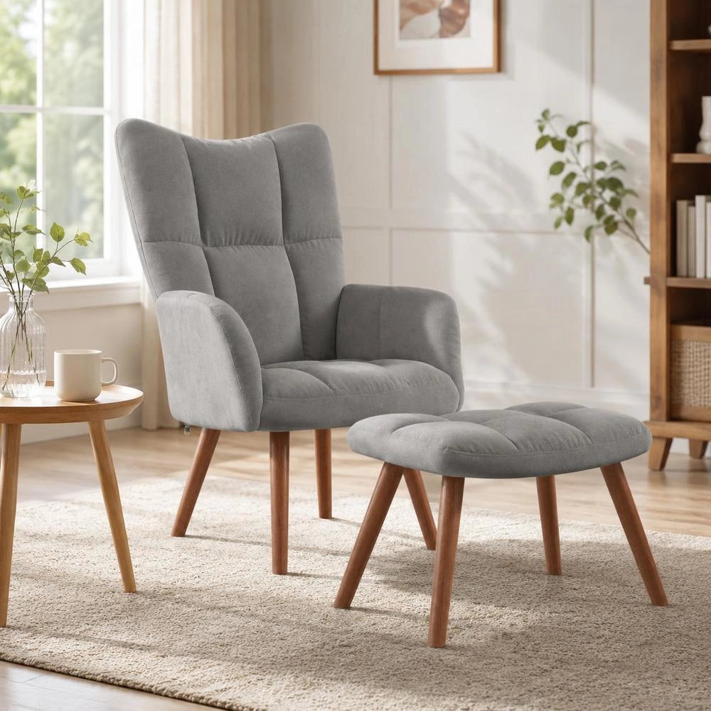 Reclining Armchair With Footstool, Light Grey Velvet