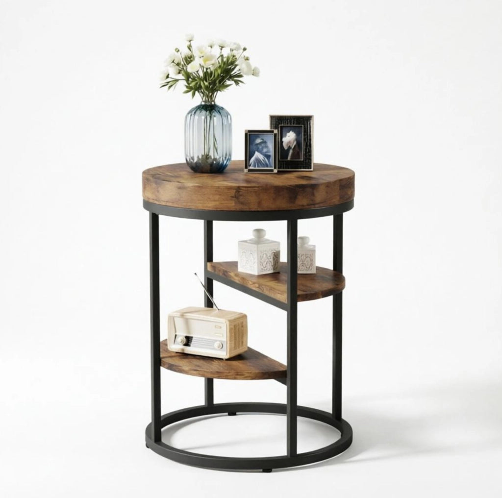 Tavolino laterale rotondo Ø 50 cm in metallo e legno marrone rustico