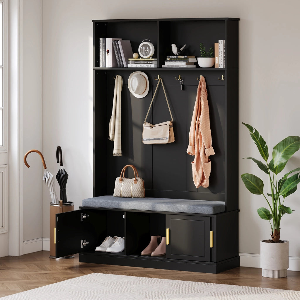 Mobile Ingresso con 6 Ganci; Panca Scarpiera e Ripiano Aperto; Stile Moderno; in Pannello Truciolare; Nero; 120??40??191 cm