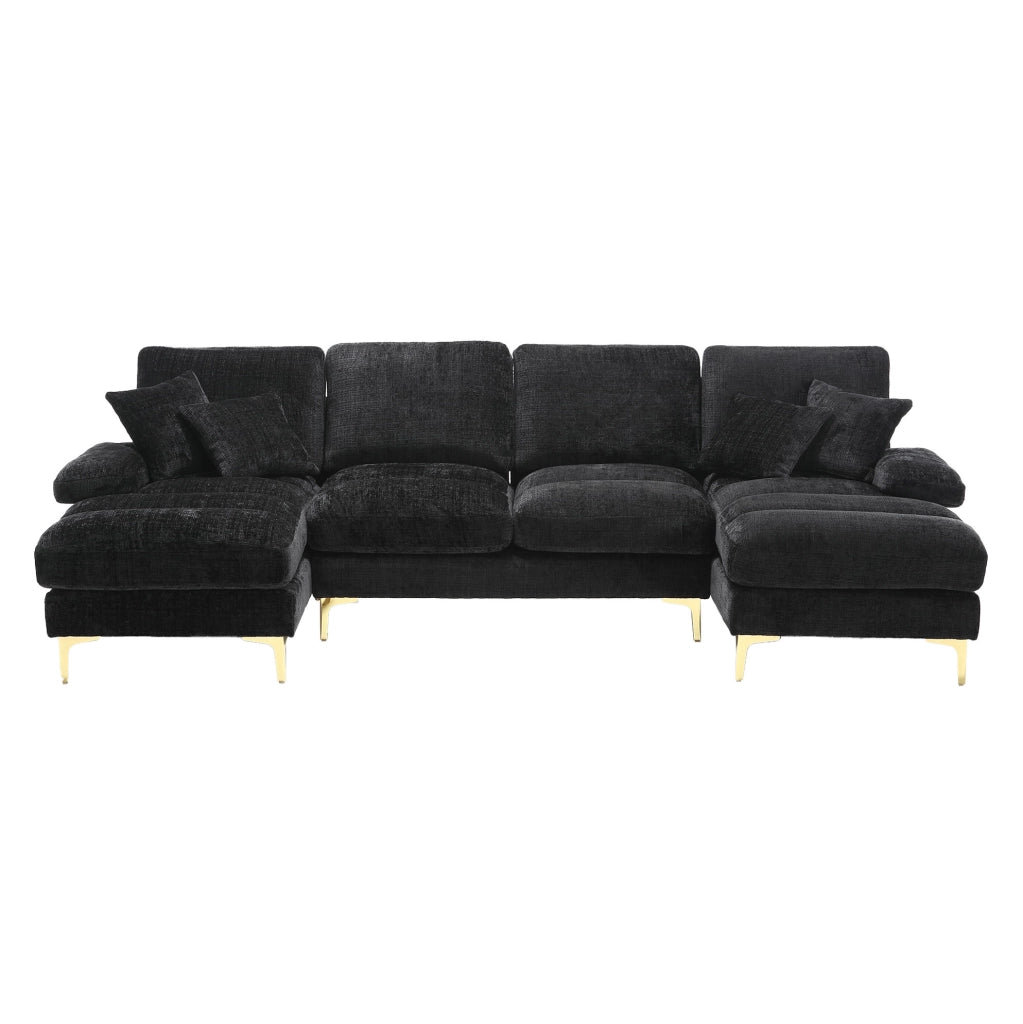Divano a U 272x136x88 cm con due chaise longue in chenille nero
