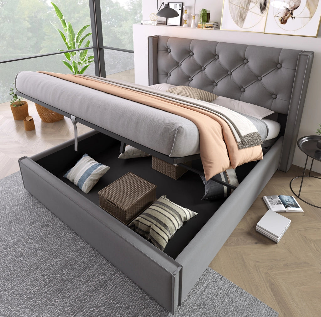 Letto imbottito idraulico 140x200 cm grigio con vano contenitore