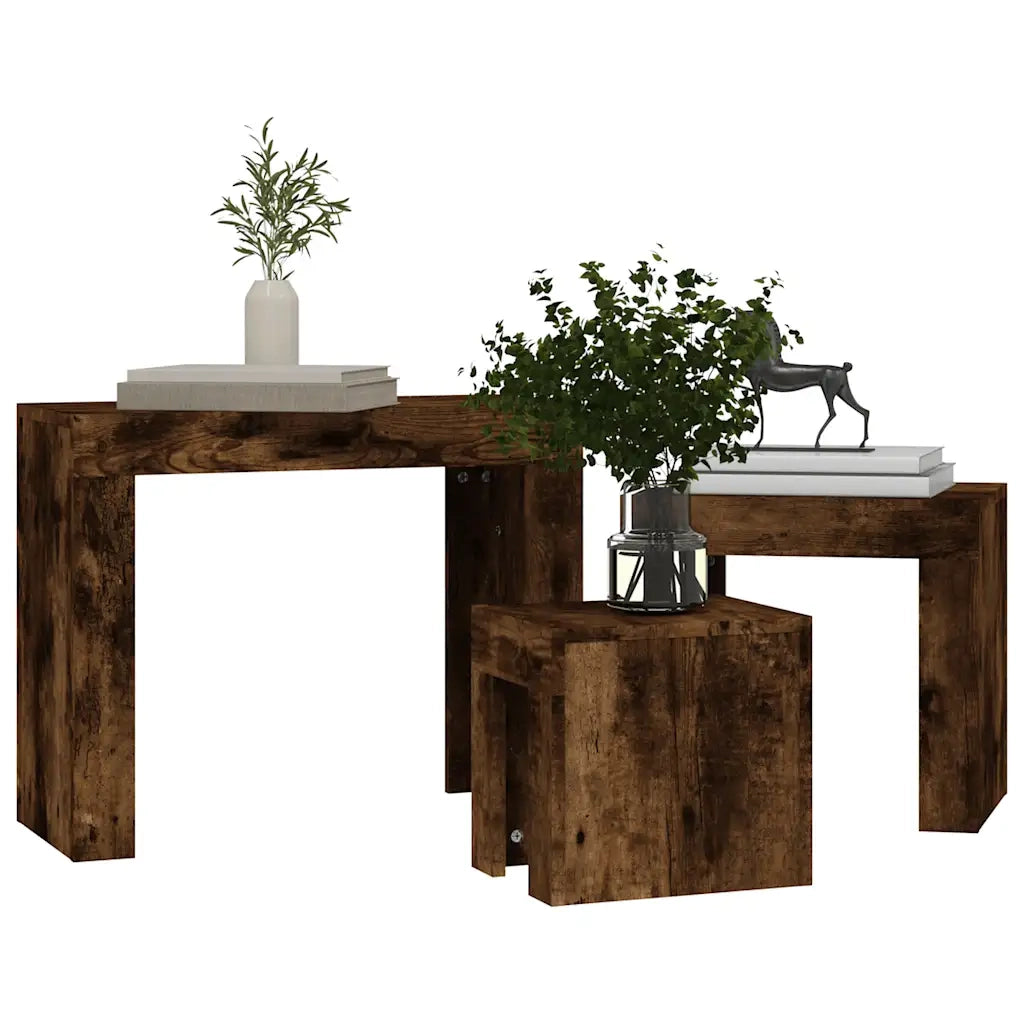 Tavolini Impilabili 3 pz Rovere Fumo in Legno Multistrato 815984