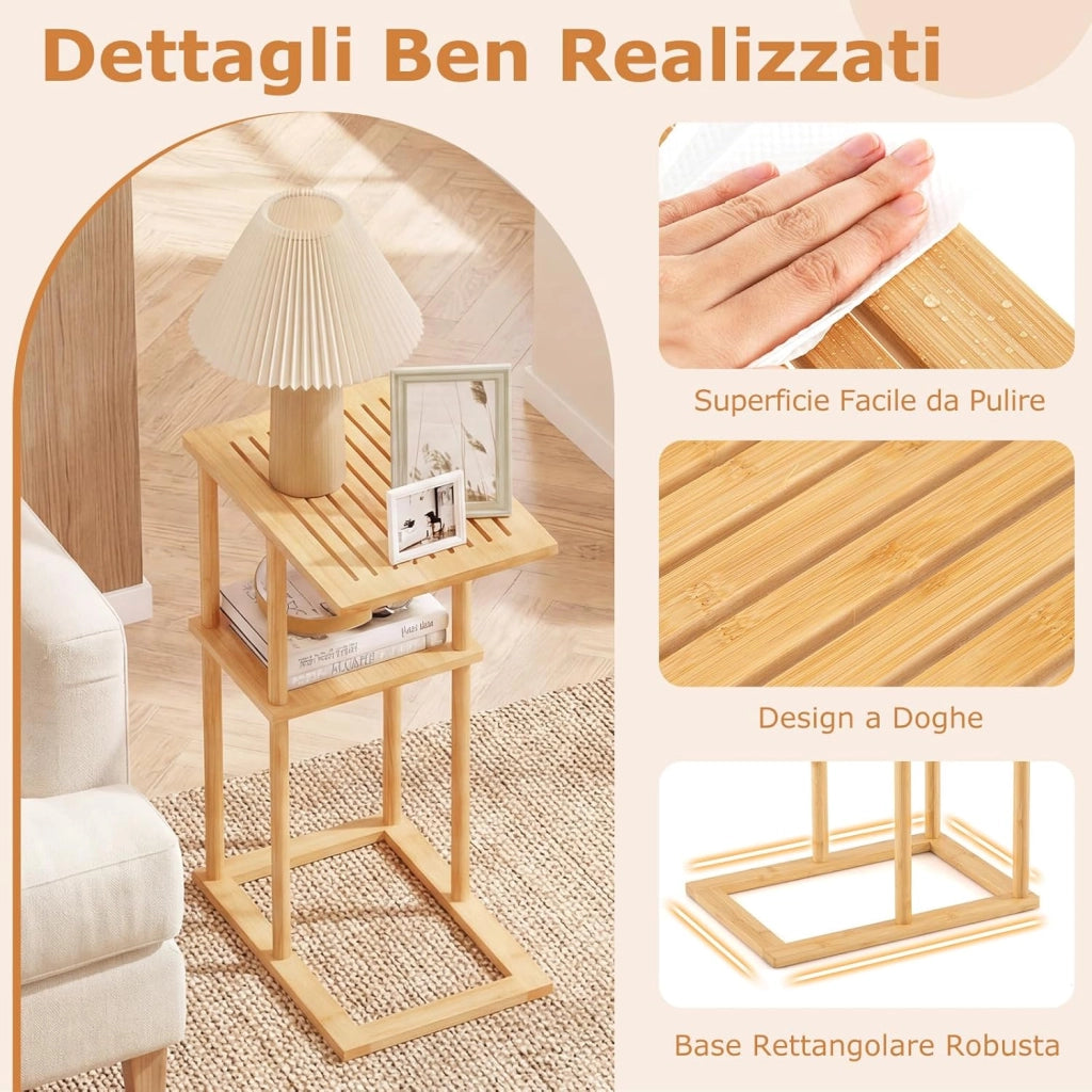 Set di 2 Tavolini Laterali, Tavolino Rettangolare con Ripiani Portaoggetti e Struttura in Bambù, Tavolo Basso da Divano e Letto per Salotto e Camera da Letto