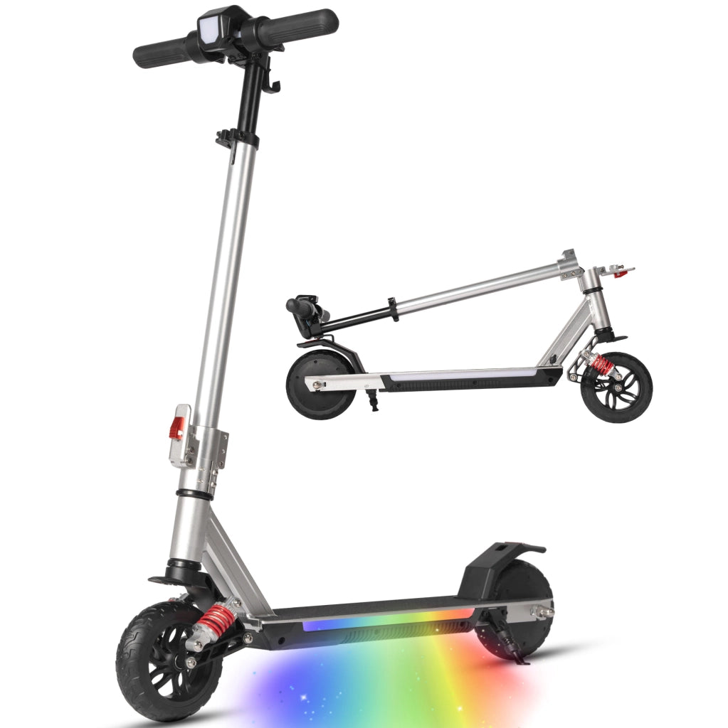 Monopattino elettrico ULEVR per bambini da 10 anni, 150 W, pieghevole con luci LED, argento