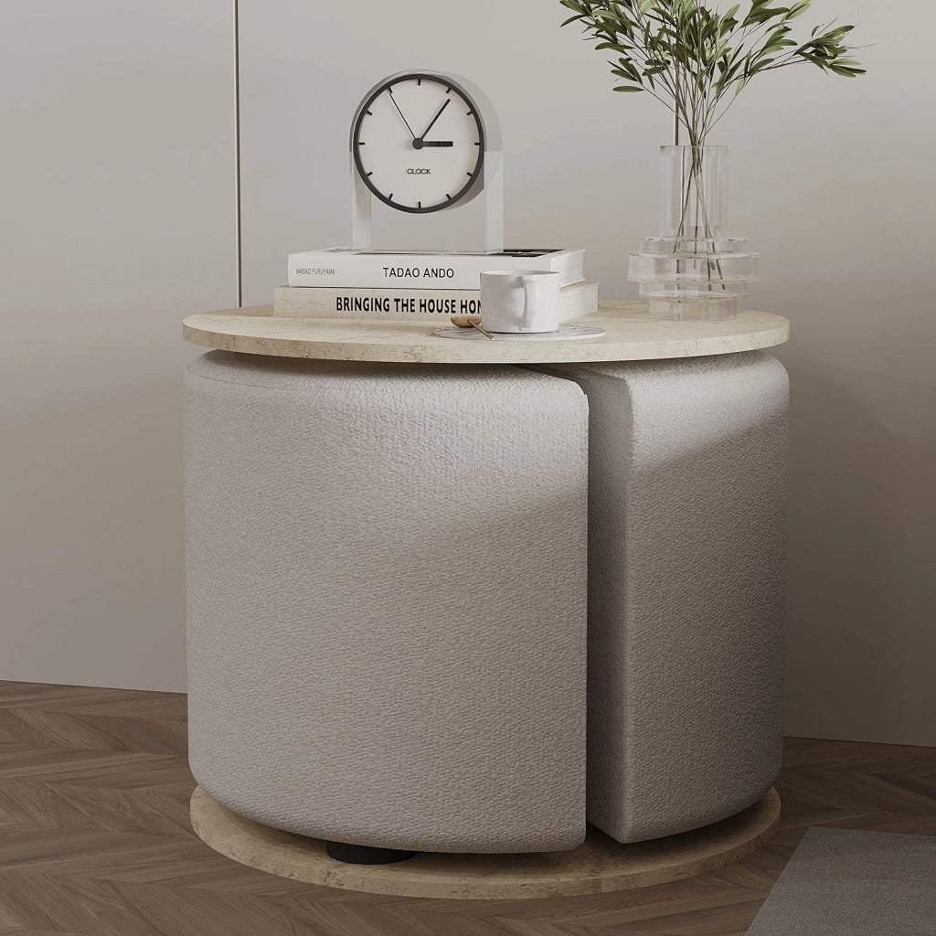 Tavolino "Vexana" con poggiapiedi in legno - 43 x 43 x 47 cm - Travertino