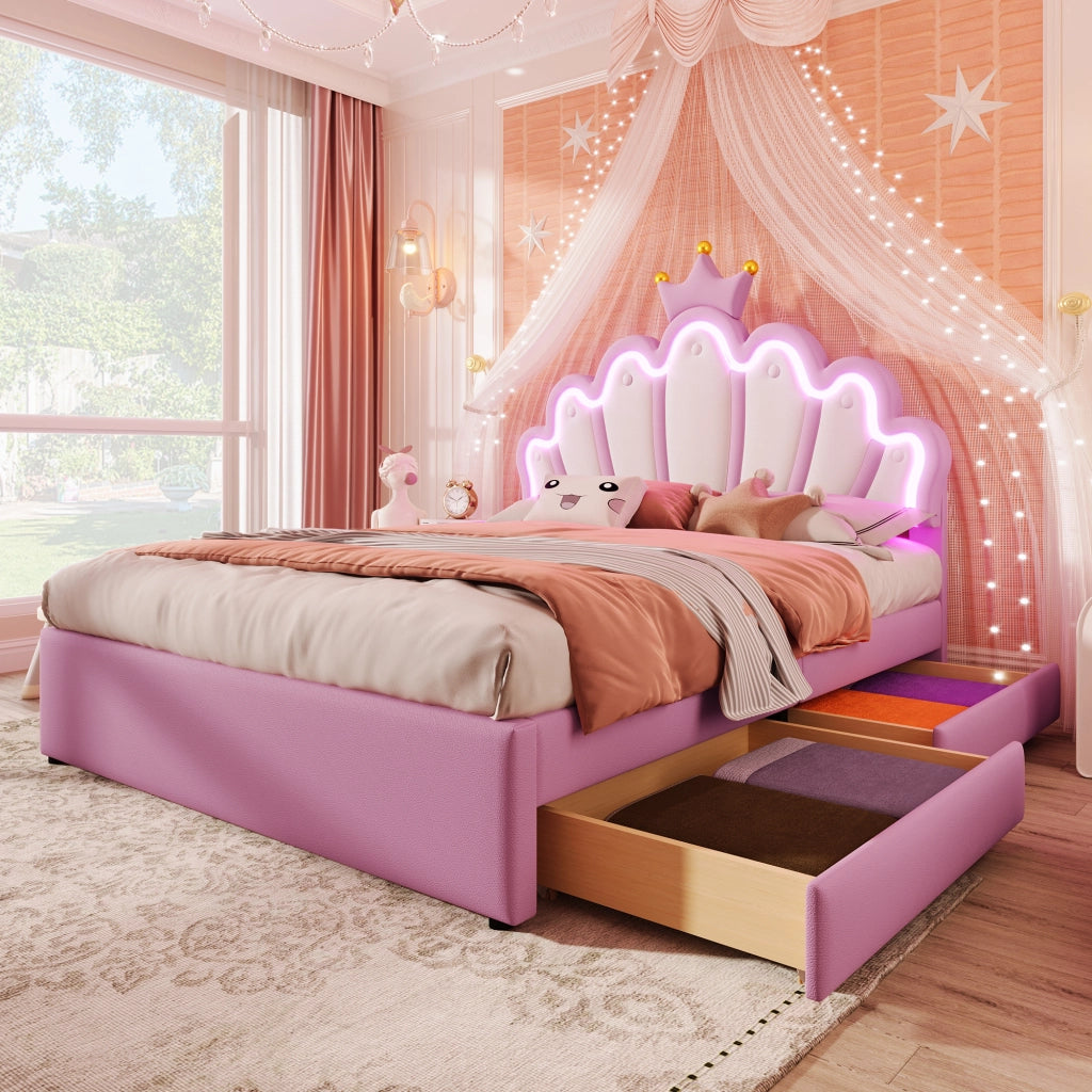 OKWISH Letto Bambini 140×200 cm, Letto Matrimoniale con LED Regolabile, 2 Cassetti e Testiera Regolabile, senza Materasso, in PU, Rosa