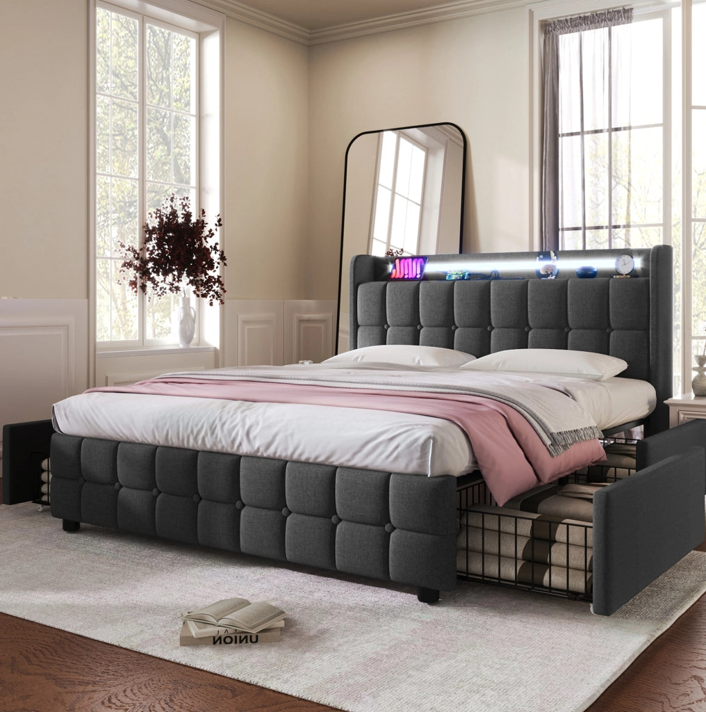 Letto matrimoniale contenitore 180x200 cm con USB; LED e 4 cassetti; grigio