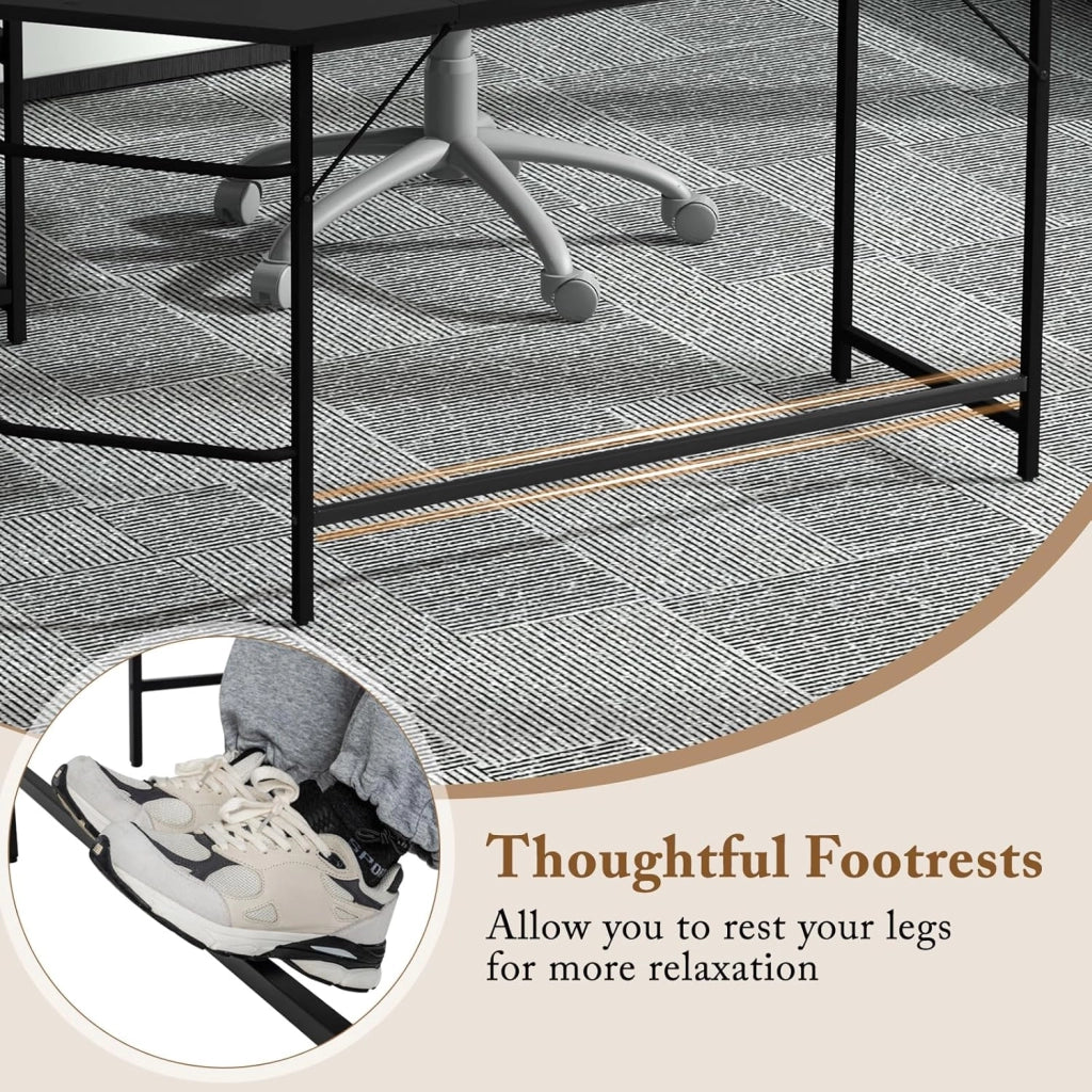 Scrivania Angolare, a Forma di L, Postazione da Lavoro, 3 Ripiani, Industriale, per Casa/Ufficio/Studio, Portata di 140 kg, 138x138x75 cm, Naturale/Marrone/Nero