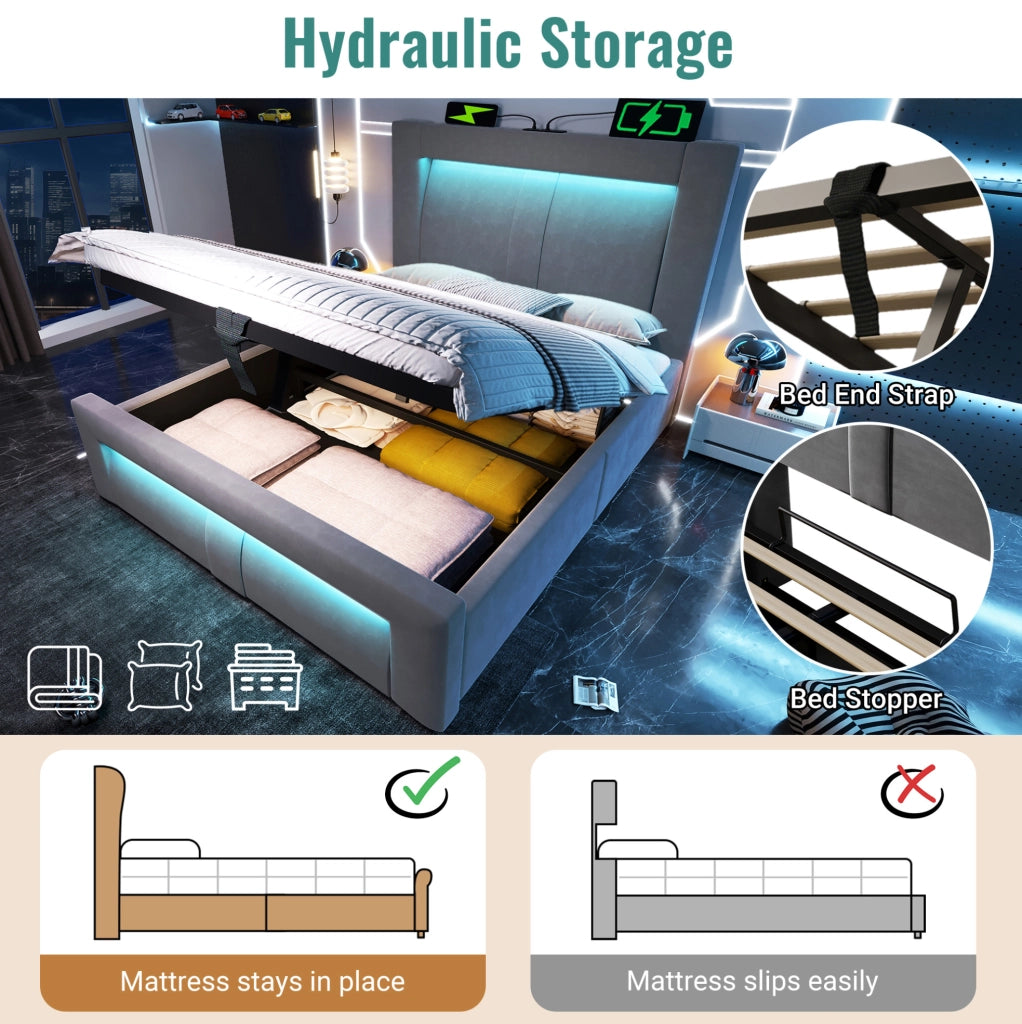 Letto singolo ULEVR 90x200 cm con contenitore idraulico, LED con app, USB e Type-C, velluto grigio