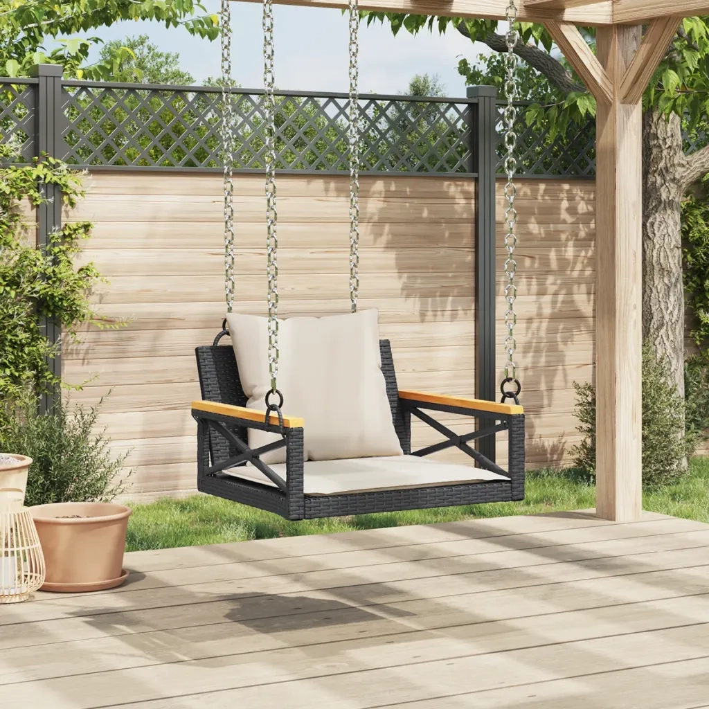 Panca da Giardino | Panchina a Dondolo con Cuscini Nera 63x62x40 cm in Polyrattan