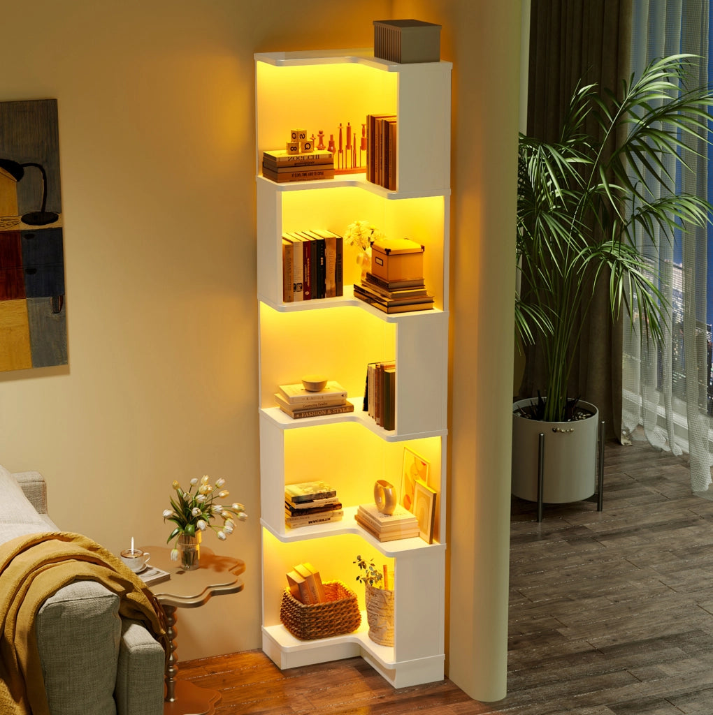 Libreria ad angolo bianca con LED e 5 ripiani