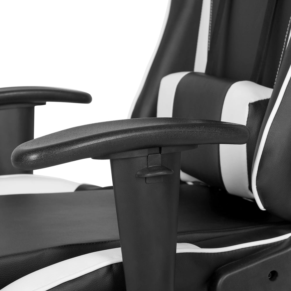 Sedia da gaming in ecopelle nera con braccioli reclinabili bianchi regolabili in altezza Supporto lombare poggiatesta Sedia da ufficio