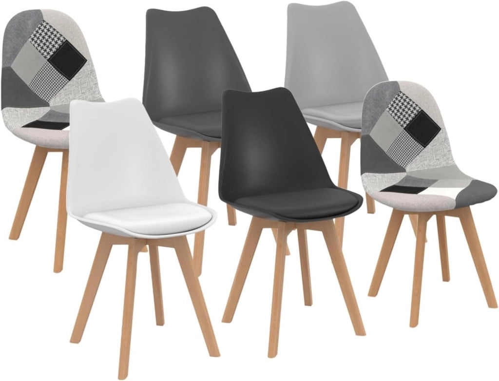 Set di 6 sedie SARA grigio scuro, grigio chiaro, bianco, nero e patchwork nero, grigio e bianco