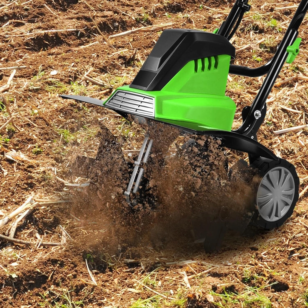 Motozappa Elettrica 1500W, Zappatrice Elettrica con Maniglia Pieghevole, Ruote Regolabili, 6 Lame, Velocità 400 PRM, Profondità 22 cm, Larghezza 43 cm (Verde, 1500 W)