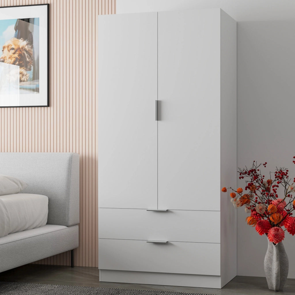 Armadio Per Camera Da Letto Con Appendiabiti 2 Ante Con Maniglie In Metallo E 2 Cassetti Multiuso Ideale Per Arredare La Tua Stanza 180 X 81 X 52 Cm Colore Bianco