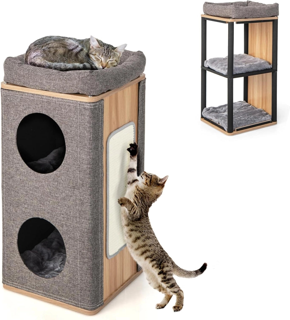 Tiragraffi per Gatti a Sgabello 47 cm, Grotta per Gatti con Palla Pompon Sospeso e 3 Tronchi Tiragraffi in Sisal, Cuccia per Gatto da Interno Piccolo Ø40, Beige