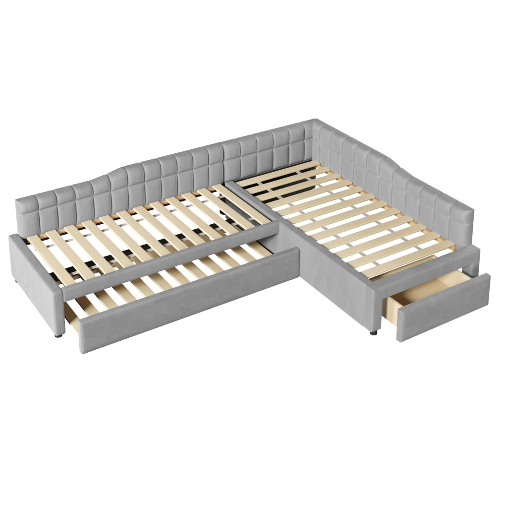 Letto a L 90x200 cm con letto estraibile e cassetti in MDF grigio