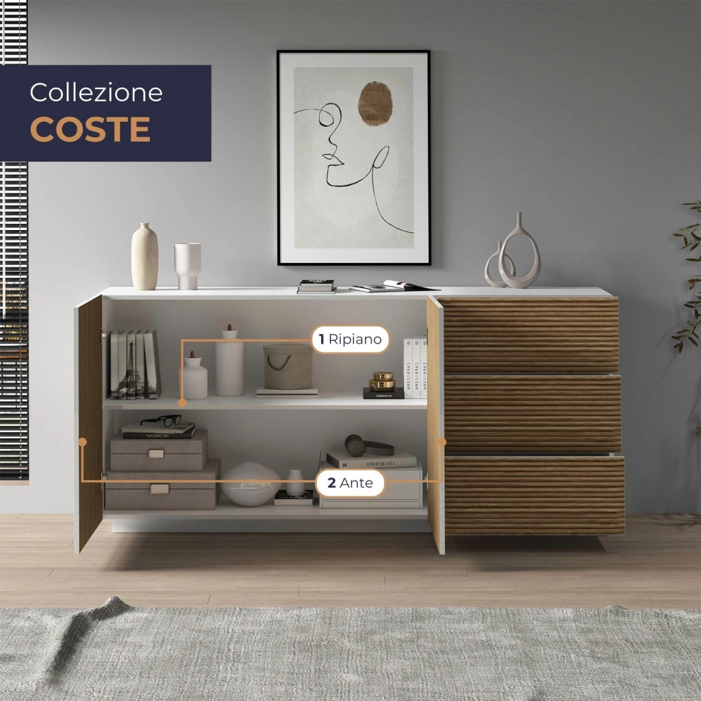 WHOUS Credenza Coste a 2 ante e 3 cassetti bianco opaco e legno chiaro 180x43x86 cm