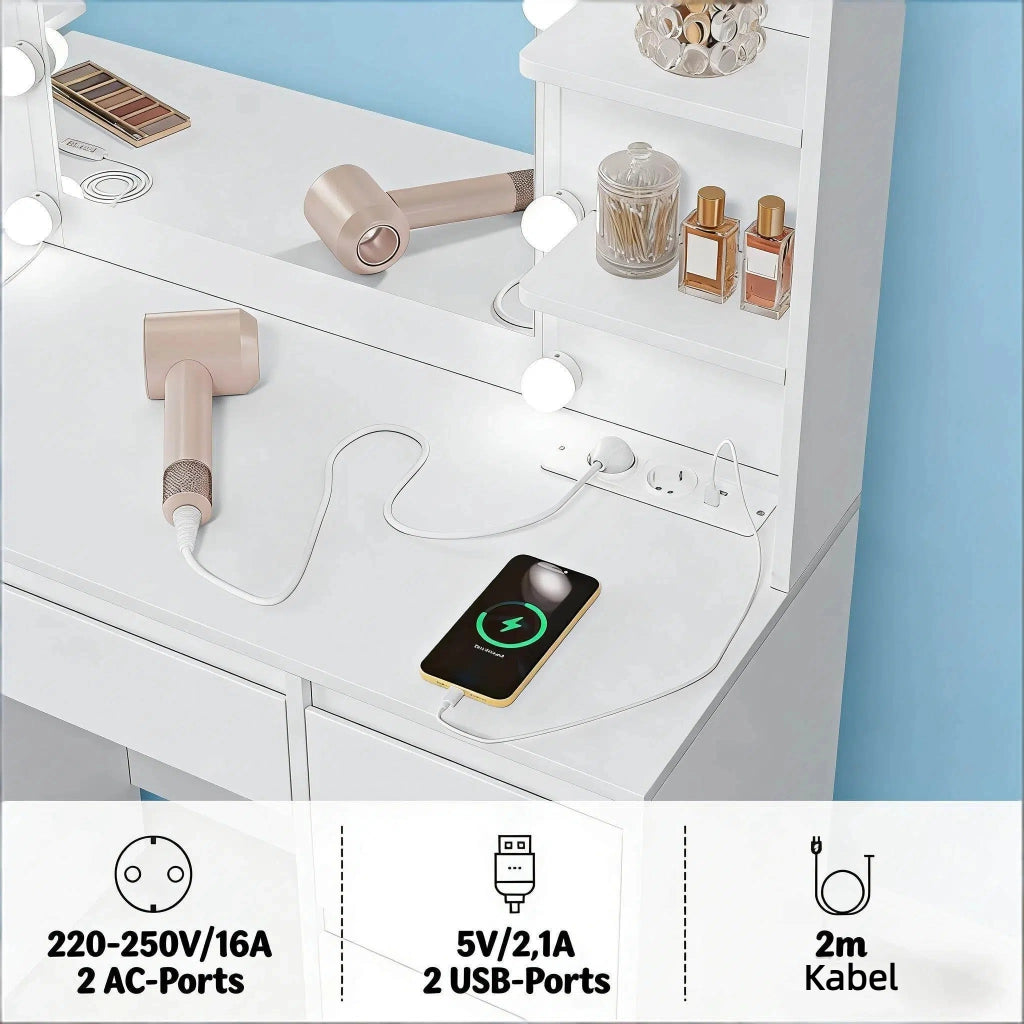 Toeletta con 5 cassetti; 4 ripiani aperti e armadio con anta; specchio e LED per camera da letto; 110×40×140 cm