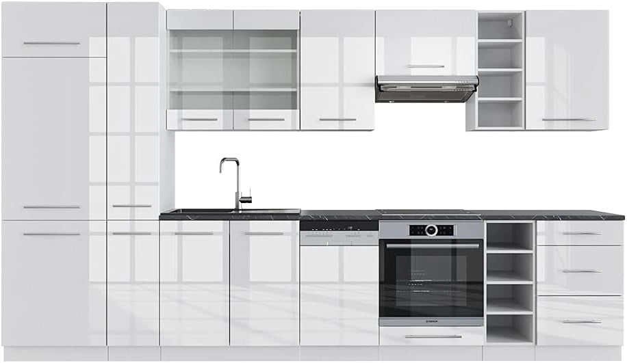 Cucina componibile Fame-Line, Bianco lucido/bianco, 355 cm senza piano di lavoro, adatto per l'espansione personalizzata con moduli aggiuntivi