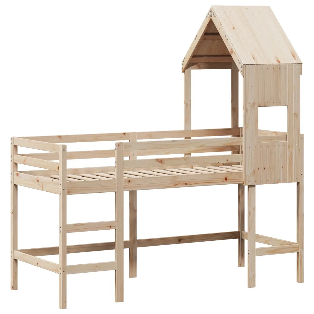 Letto singolo | Letto per adulti | Letto Soppalco con Scala e Tetto 90x190 cm Legno Massello Pino