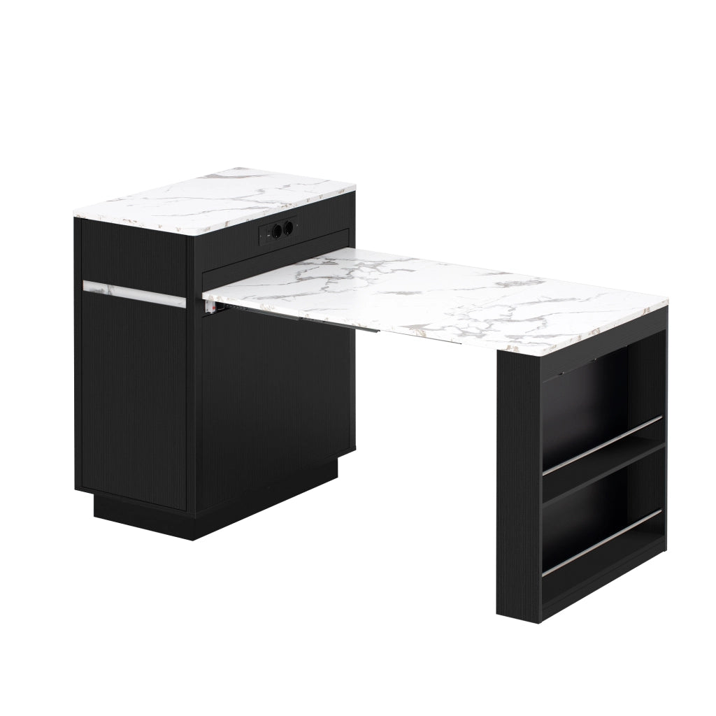 Isola Cucina Mobile con Tavolo Estensibile 154 cm; Illuminazione LED; Prese USB; Ripiani e Cassetti Nero