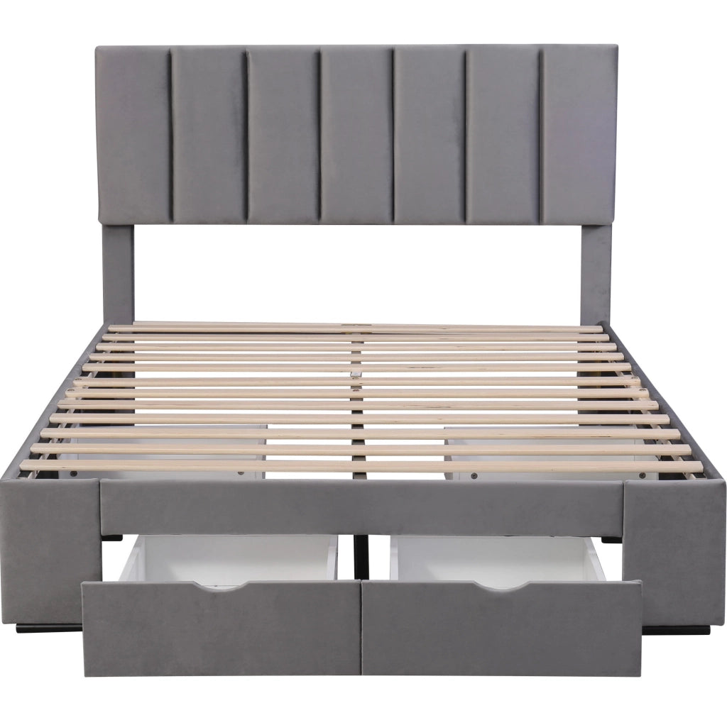 Letto matrimoniale imbottito 140x200 cm in velluto grigio con rete a doghe e 4 cassetti