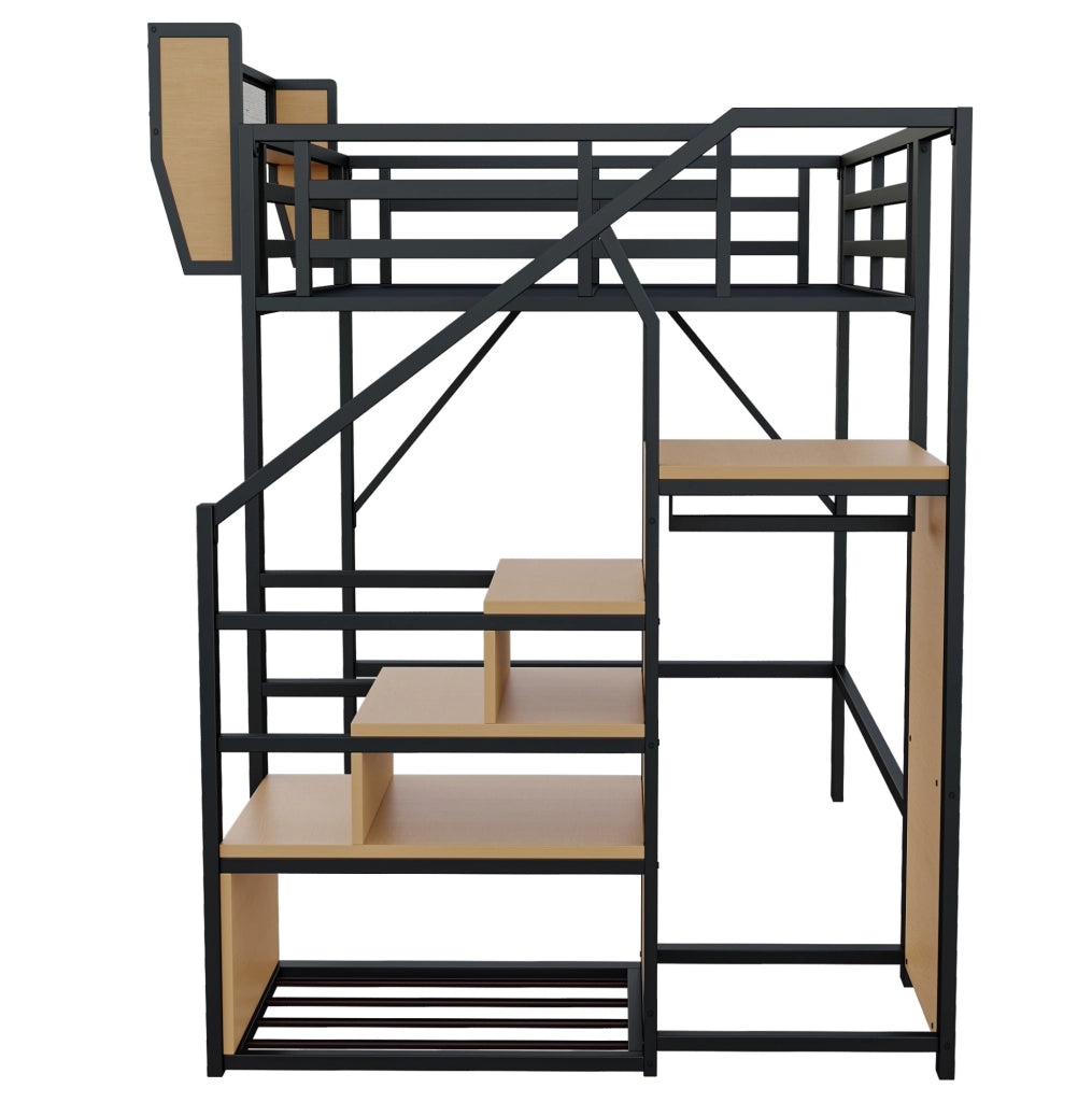 Letto a soppalco 140x200 cm; scala di sicurezza e ripiano flessibile; metallo nero (Senza materasso)
