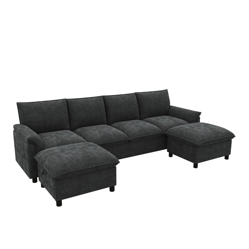 Divano modulare a U in tessuto Chenille nero con 2 pouf mobili, schienale alto e vano contenitore