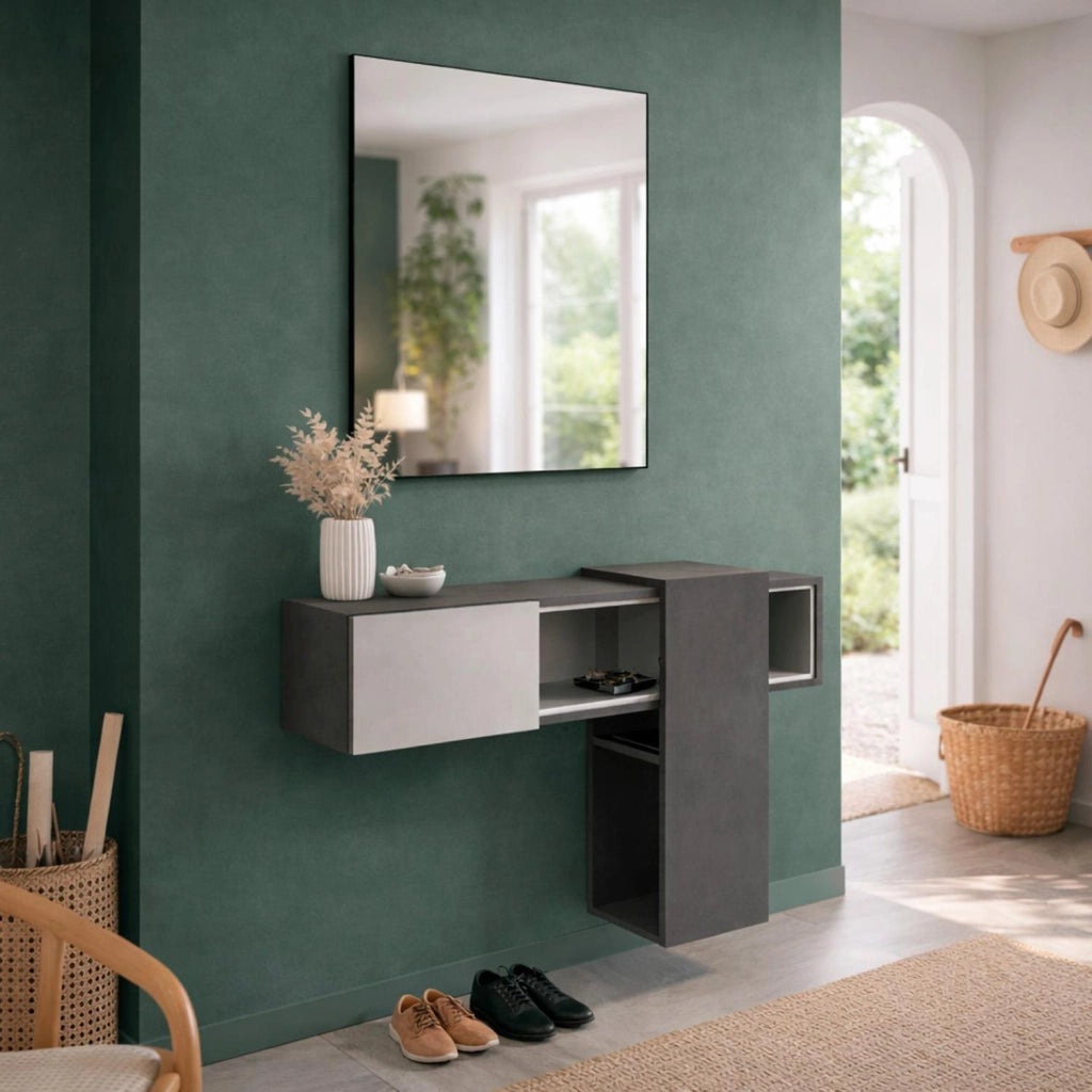 Mobile Da Ingresso Con Mensola Sospesa Specchio E Ripiani Scorrevoli Mobiletto Arredo Per Sala 100 X 31.5 X 75 Cm Grigio Scuro E Grigio Chiaro