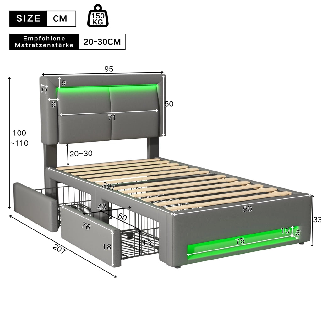 Letto imbottito singolo 90x200 cm con LED, USB e 4 cassetti